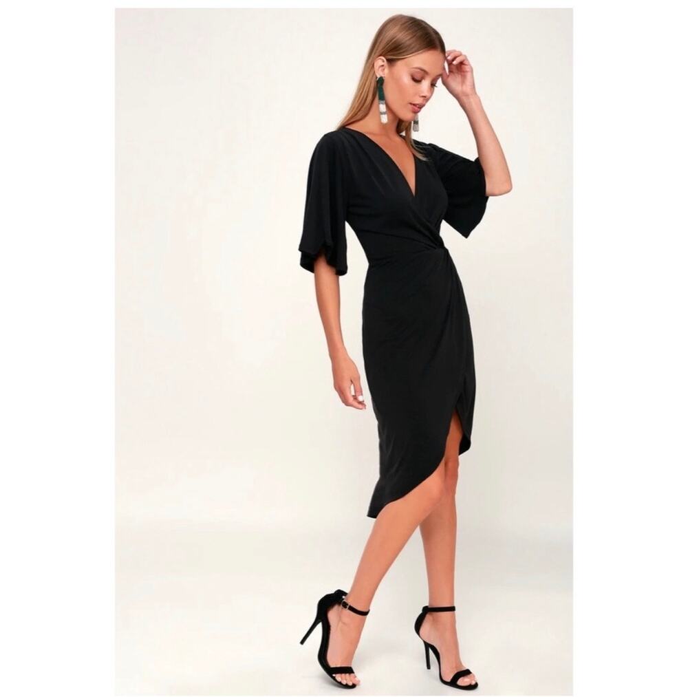 Lulu’s Women’s Black Faux Wrap Over The Knee Flutter Sleeves Dress Medium